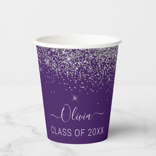 Gobelets En Papier Classe de 2022 Silver Purple Parties scintillant G (Recto)