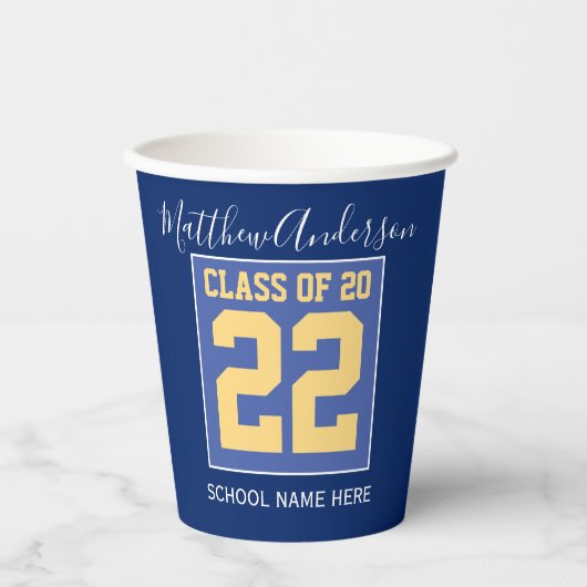 Gobelets En Papier Classe de 2023 Elégant Royal Blue & Gold Graduatio (Recto)
