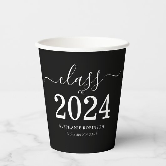 Gobelets En Papier Classe de 2024 Black White Graduation Party (Recto)