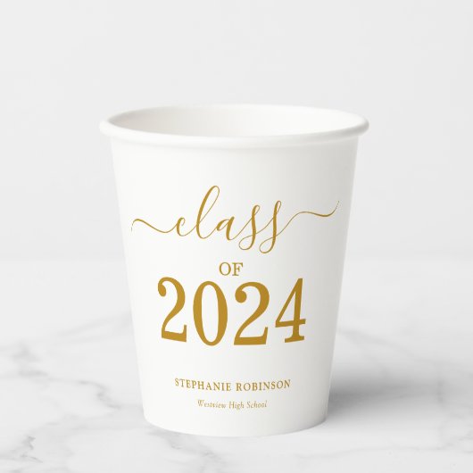 Gobelets En Papier Classe de 2024 Gold Script Graduation (Recto)