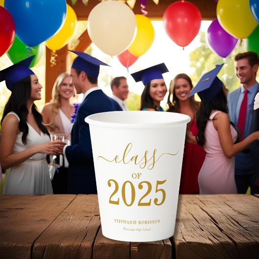 Gobelets En Papier Classe de 2025 Gold Script Graduation