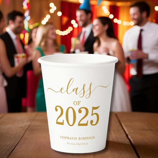 Gobelets En Papier Classe de 2025 Gold Script Graduation