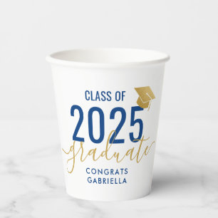 Gobelets En Papier Classe de 2025 Moderne Marine Bleu Gold Graduation