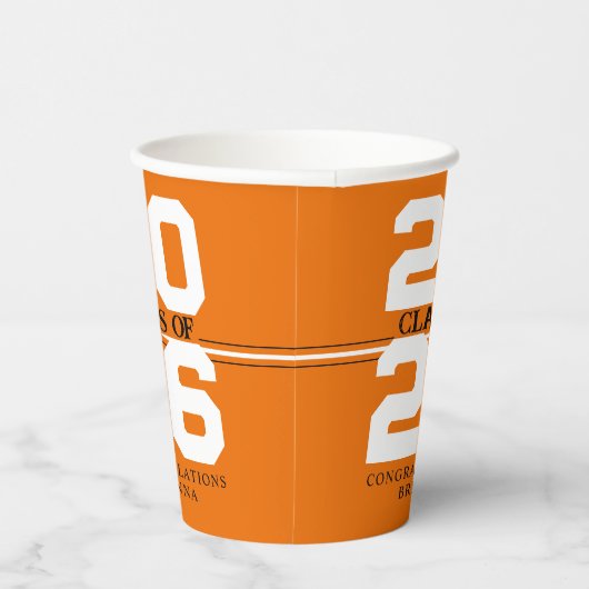 Gobelets En Papier Classe Orange & Blanc de Graduation Personnalisée (Droite)