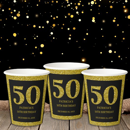 Gobelets En Papier Classy Black and Gold Parties scintillant 50e fête