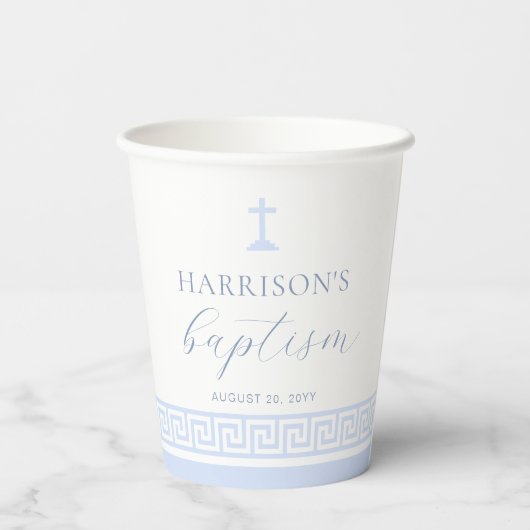 Gobelets En Papier Clé grecque Baptême Bleu Blanc (Verso)