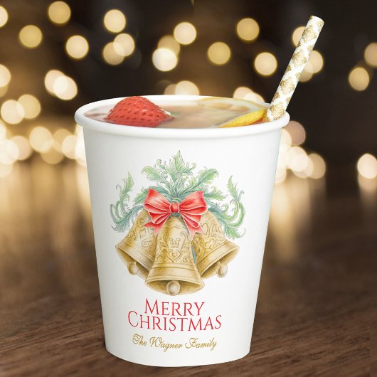 Gobelets En Papier Cloches d'or monogramme arc rouge fête de Noël