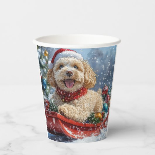 Gobelets En Papier Cockapoo Dog in Sledge Let it Neige Christmas (Recto)