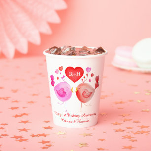 Gobelets En Papier Coeur Inséparable rouge rose 1er Anniversaire art
