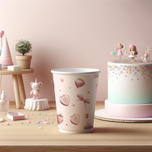 Gobelets En Papier Coeurs de fraises roses Étoiles de ruban