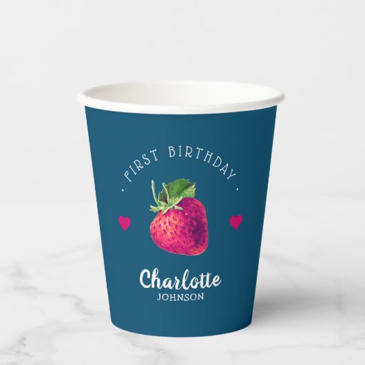Gobelets En Papier Coeurs fraises Anniversaire Fille Bleu Vert (Recto)