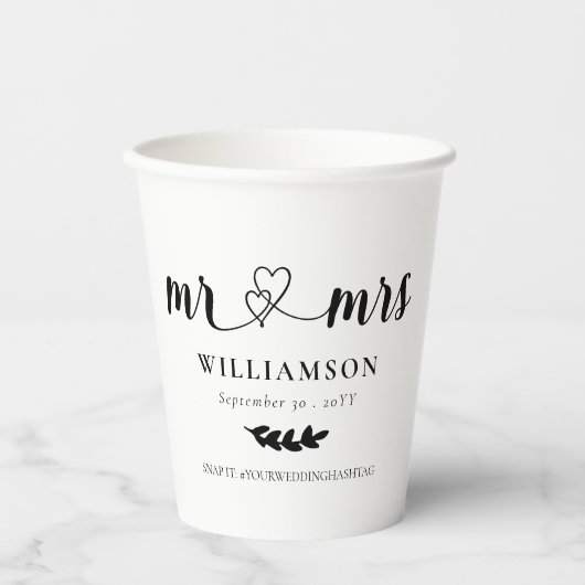 Gobelets En Papier Coeurs mignons M & Mme Mariage Fiançailles (Recto)