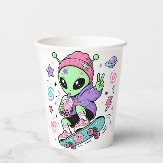 Gobelets En Papier Conception de Bubble Tea Alien Skateur Kawaii (Recto)