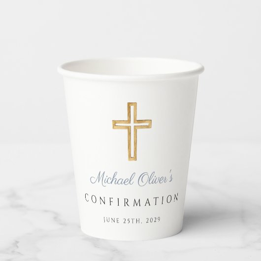 Gobelets En Papier Confirmation de la croix religieuse bleu foncé (Verso)