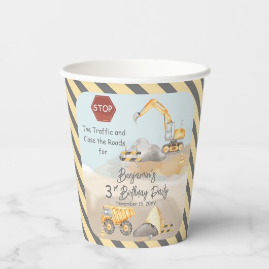 Gobelets En Papier Construction Dump Truck Boy 3e fête d'anniversaire (Verso)