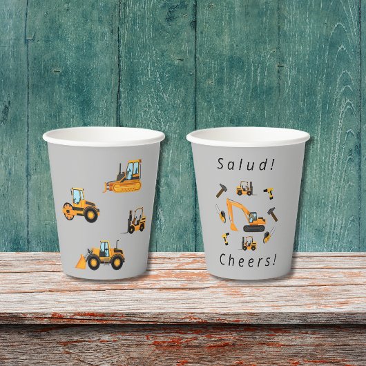 Gobelets En Papier Construction gris Thème Anniversaire Garçon Biling