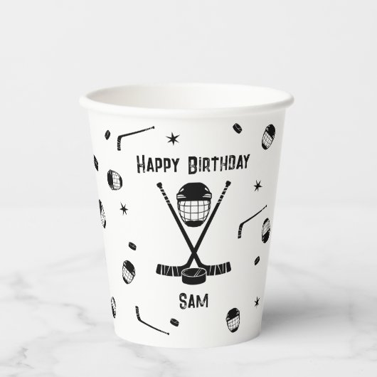 Gobelets En Papier Cool de hockey sur glace Noir et blanc fête d'anni (Recto)
