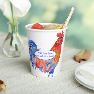 Gobelets En Papier Coq Rouge Poulet Bleu Aquarelle Mariage