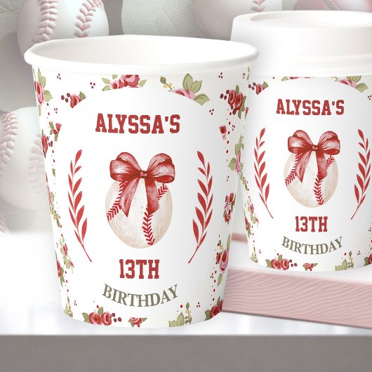 Gobelets En Papier Coquette Baseball Red Bow Floral