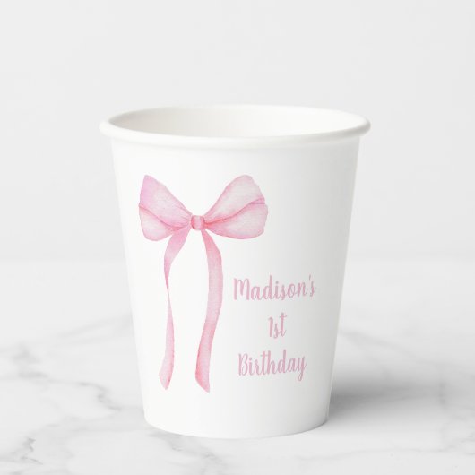 Gobelets En Papier Coquette Bow rose Premier anniversaire (Recto)