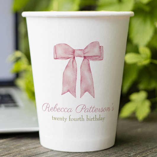 Gobelets En Papier Coquette Rose Aquarelle Bow Fête Anniversaire