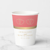 Gobelets En Papier Corail et blanc avec cœurs dorés (Verso)