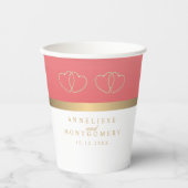 Gobelets En Papier Corail et blanc avec cœurs dorés (Recto)