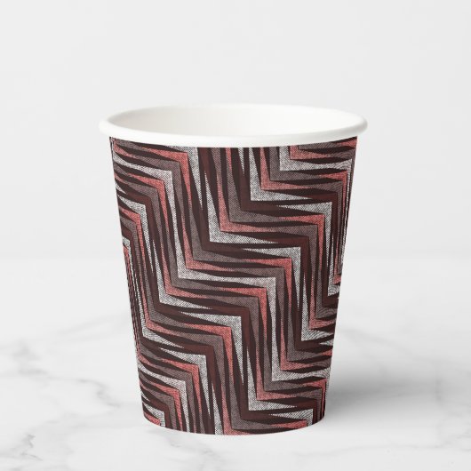 Gobelets En Papier Corail, gris, motif brun zigzag. (Recto)