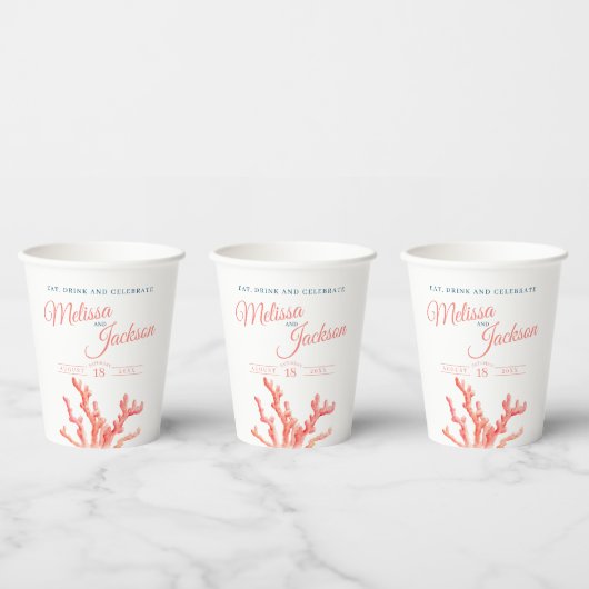 Gobelets En Papier Corail vivant orange bleu aquarelle mariage person (Multi)