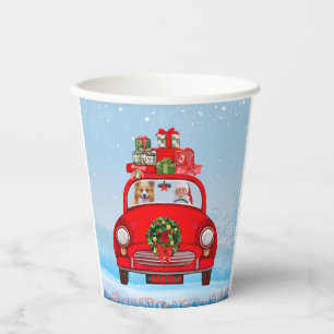 Gobelets En Papier Corgi Chien Dans Une Voiture Avec Le Père Noël