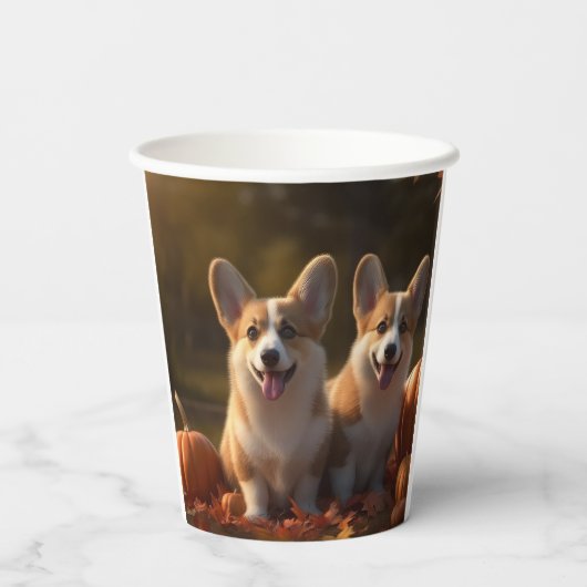 Gobelets En Papier Corgi Puppy Automne Citrouille de plaisir (Verso)