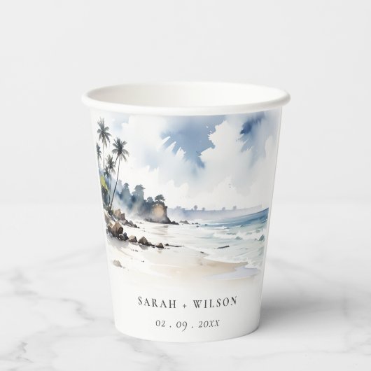 Gobelets En Papier Côte Bali Beach Palm Tree Mariage d'aquarelle (Verso)