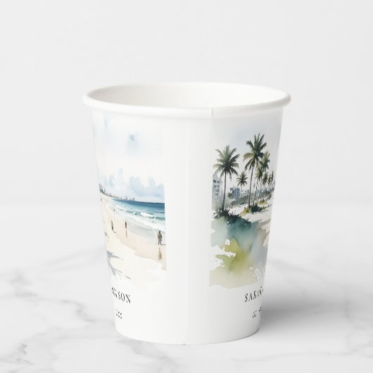 Gobelets En Papier Côte Miami Beach Palm Tree Mariage d'aquarelle (Droite)
