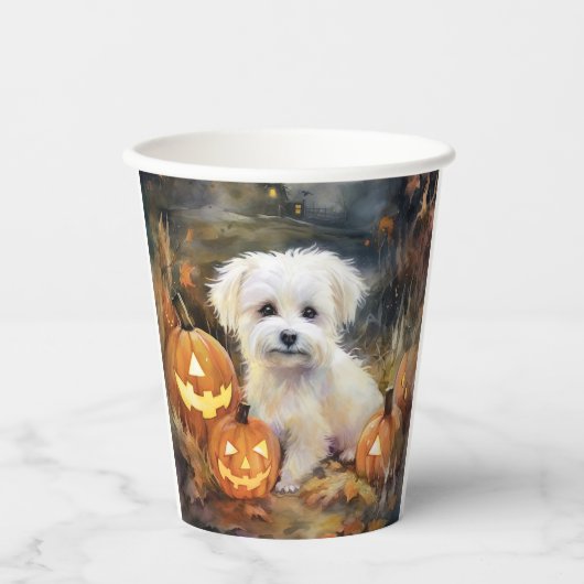 Gobelets En Papier Coton De Tulear Halloween Avec Peur Citrouille (Recto)