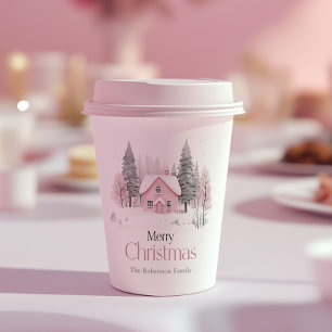 Gobelets En Papier Cottage d'hiver rose Noël