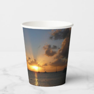 Gobelets En Papier Coucher de soleil avec voiliers Paysage tropical P