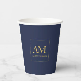 Gobelets En Papier Couleurs d'or bleu Monogramme Lettres initiales No