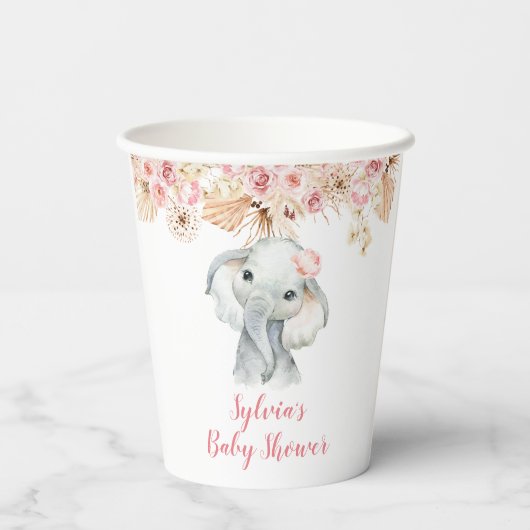 Gobelets En Papier Coupe en papier Baby shower rose Boho Elephant Gir (Verso)