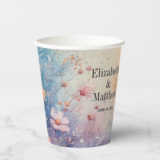 Gobelets En Papier Coupe papier avec Fleurs aquarelles + Noms + Date (Recto)