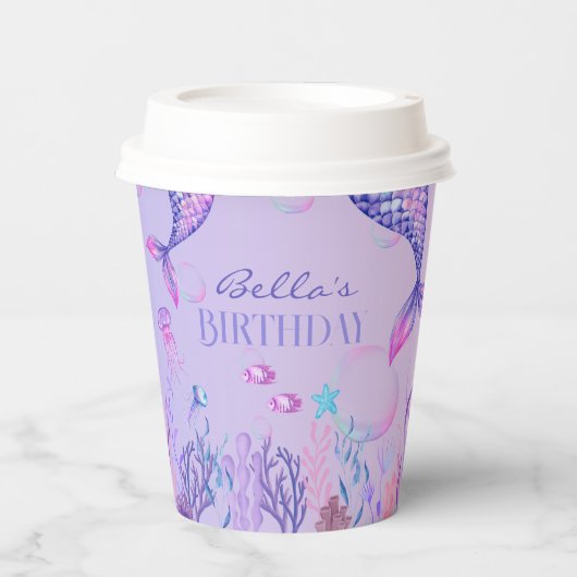 Gobelets En Papier Coupe Papier d'anniversaire de sirène violet (Recto)