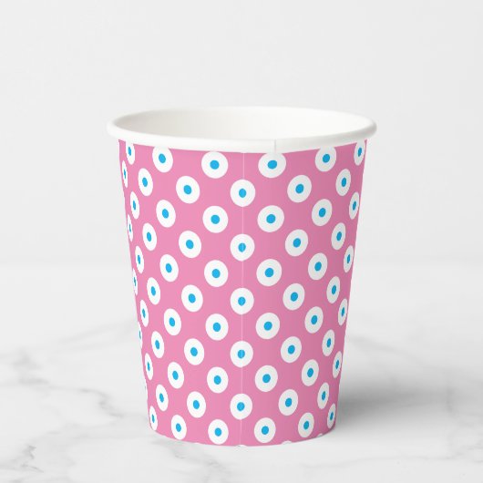 Gobelets En Papier Coupe rose avec Polka-Dots Bleus et Blancs (Droite)