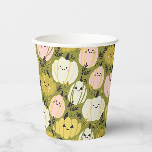 Gobelets En Papier Coupes Citrouilles roses et vertes jetables (Recto)