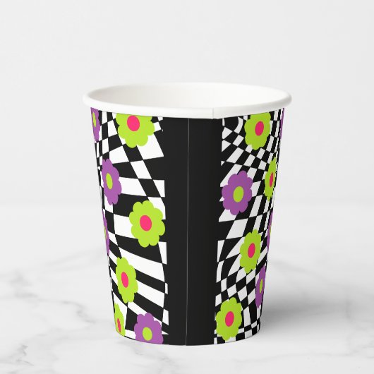 Gobelets En Papier Coupes de À damiers Noir et Blanc Avec Fleurs (Droite)