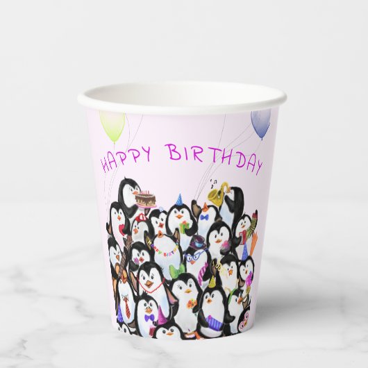 Gobelets En Papier Coupes de papier de pingouin d'anniversaire - Text (Recto)