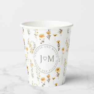 Gobelets En Papier Coupes de papier mariage à monogramme jaune fleuri