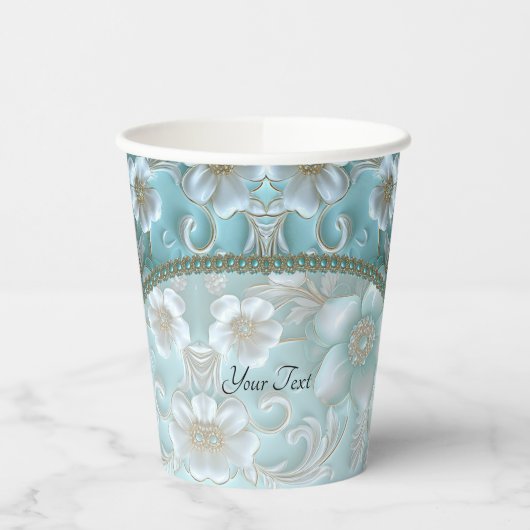 Gobelets En Papier Coupes turquoises en papier floral blanc (Gauche)