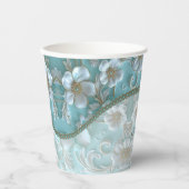 Gobelets En Papier Coupes turquoises en papier floral blanc (Recto)