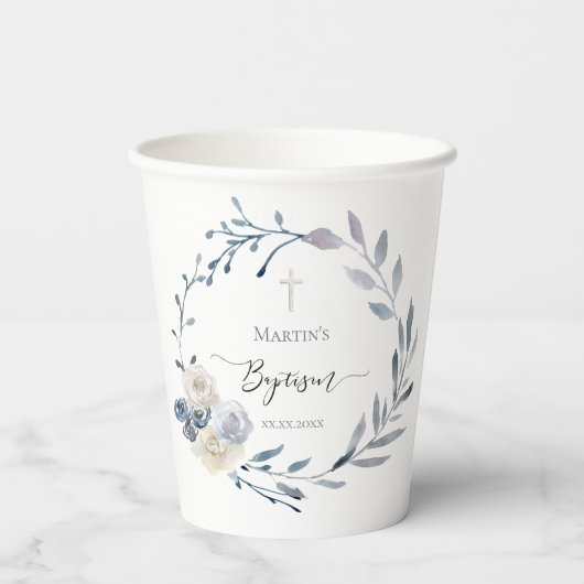 Gobelets En Papier couronne bleu floral Baptère en papier (Verso)