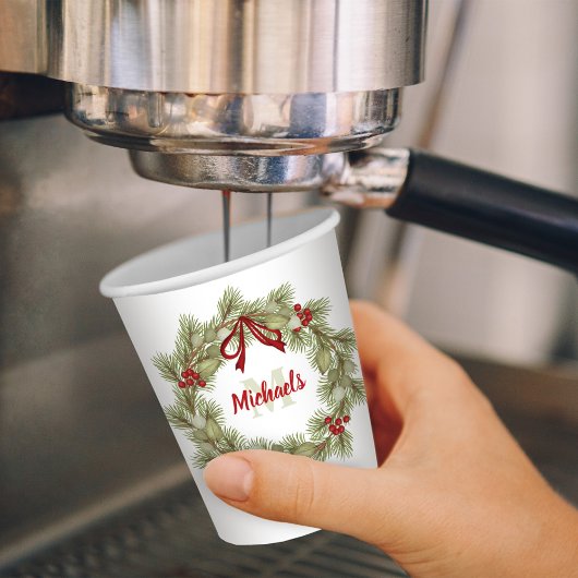 Gobelets En Papier Couronne botanique de Noël Monogramme rouge Holly