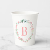 Gobelets En Papier Couronne de fleurs à monogramme rose (Recto)